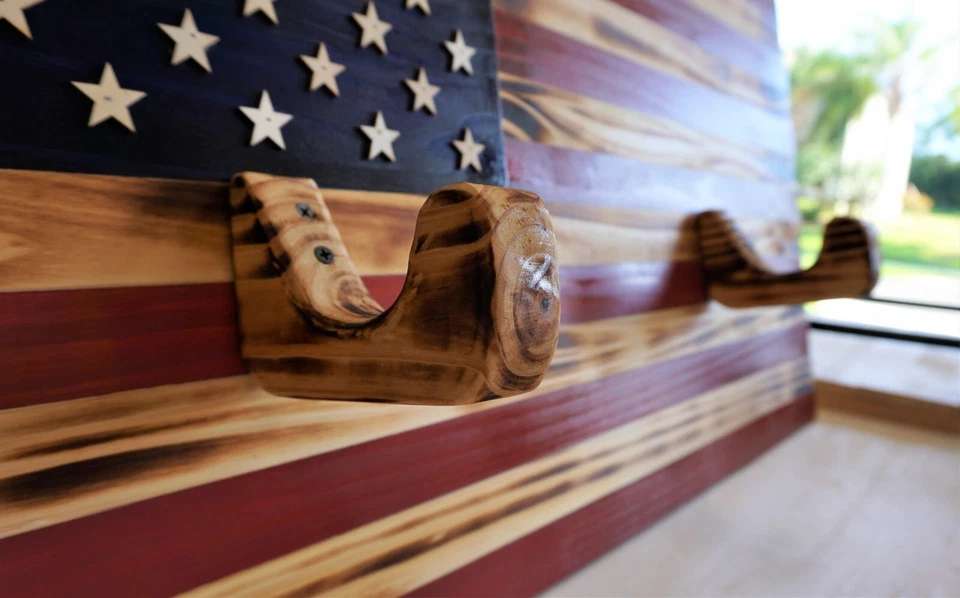 Wooden Rustic American Flag with Gun Rack Handmade 36” x 19.5” Made in the US - Image 3 of 4