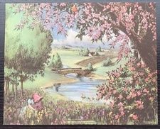 1950'S COLOR LITHO N0.921 SPRINGTIME FRAGRANCE PICKING FLOWERS IN FOREST LAKE EX