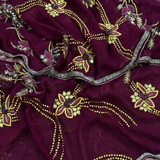 Indian Vintage Heavy Purple Dupatta Pure Georgette Silk Hand Embroidered Veil