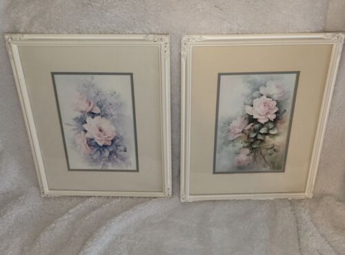 Set vintage di 2 rose rosa incorniciate 11x15" Cottagecore shabby chic Grandmacore - Foto 1 di 4