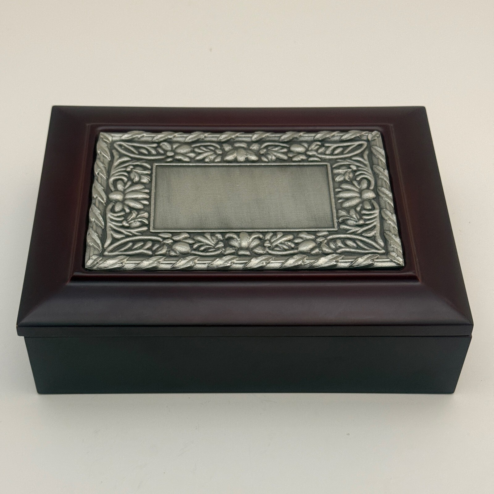 Elegant Floral Metal Inlay Wooden Jewelry Box 7.5x5.5x2 Inches