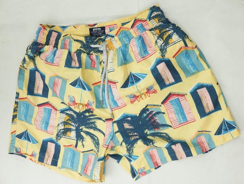 Vintage Vilebrequin Badeshorts Herren XXL 2XL gelb Sommer Strand Hütte Print Palmen