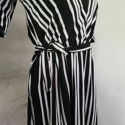 H\u0026M Black White Striped Dress V-neck Size S Tie Waist Stretch | eBay