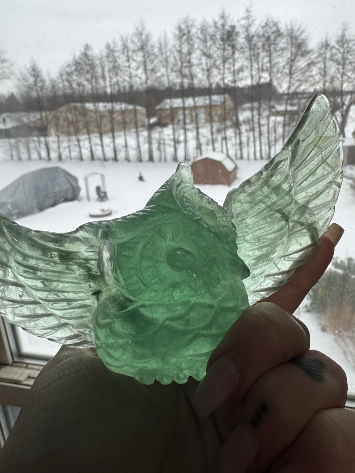 Teal Green Fluorite Crystal Owl Carving 5.5 Inch Wingspan Handcrafted Statement Decor-image