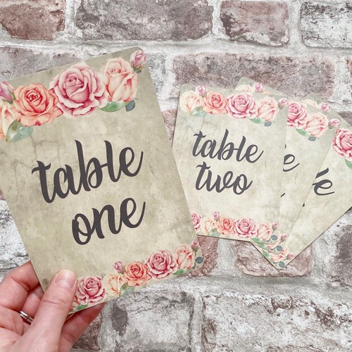 Vintage Style Wedding Table Numbers Pink Rose, Double Sided, Laminated - Picture 3 of 6