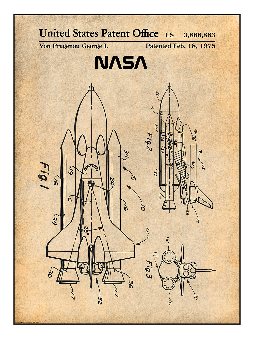 1975 NASA Space Shuttle Patent Print Art Drawing Poster