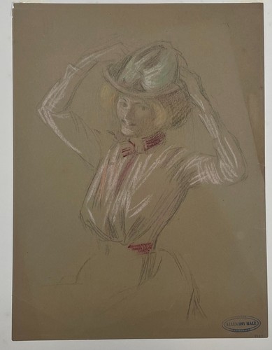 Original ELLEN DAY HALE ""Mujer con sombrero"" Lápiz de Color Dibujo Estudio para Pintura - Imagen 3 de 8