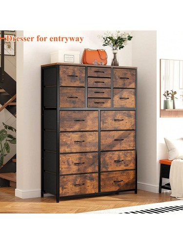 Brown 16 Drawers Dresser For Bedroom Chests Of Drawers + Wood Top Metal Frame - Picture 7 of 7