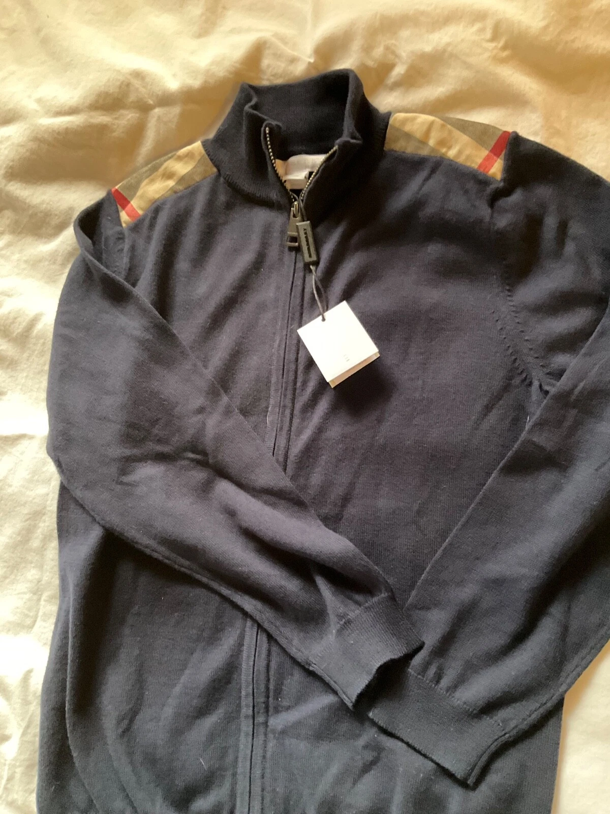 Maglione Burberry blu navy 100% cotone full zip nuovo con dettaglio spalle 8 anni