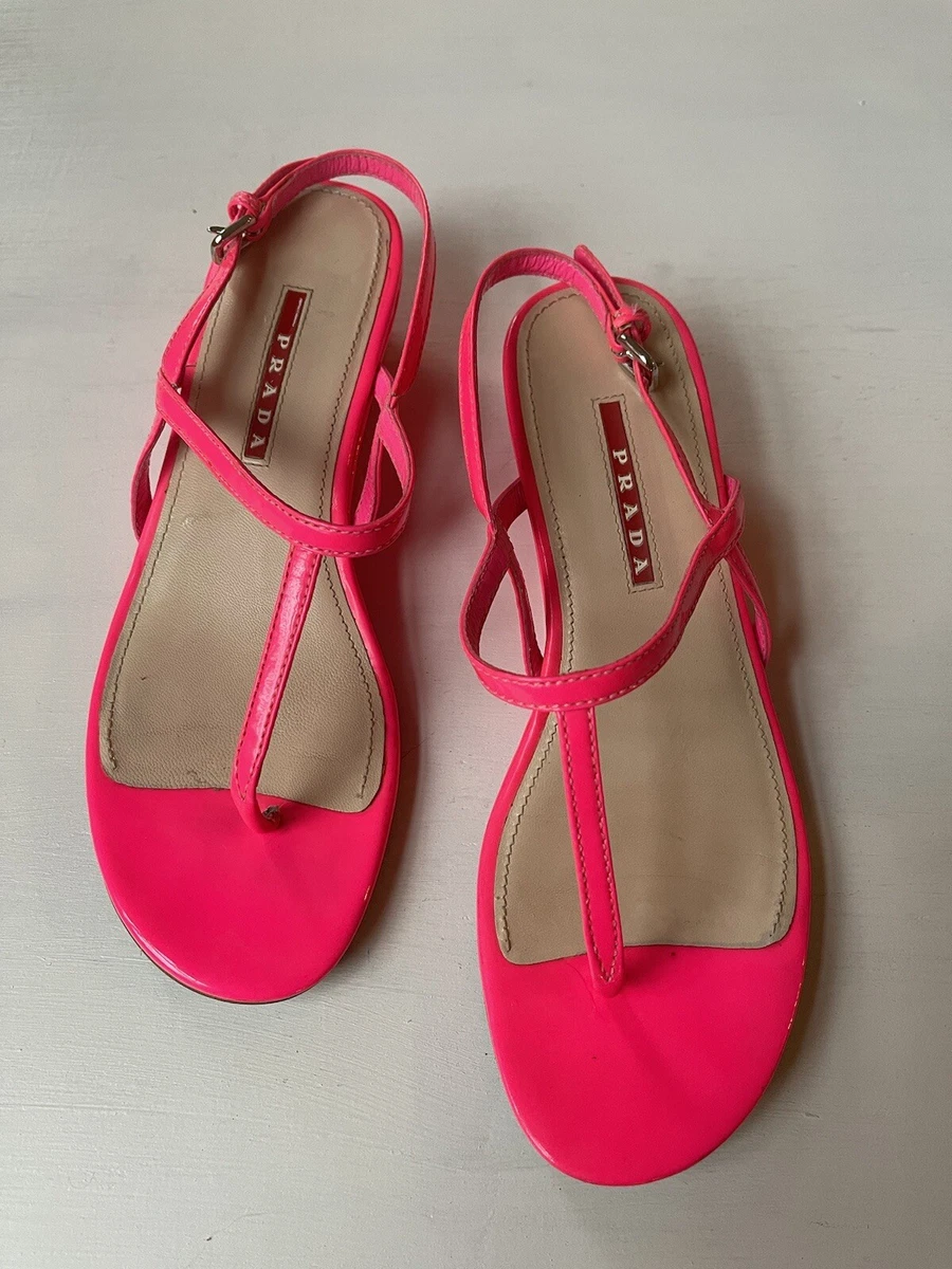 PRADA SANDALS Neon Pink Patent Leather T Strap Slingback Low Wedge Sz 36.5 6.5