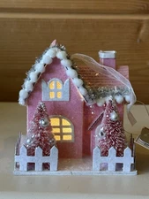 Raz Imports 3.5" Lighted Pink Putz House Ornament Bottlebrush Tree Single Gable