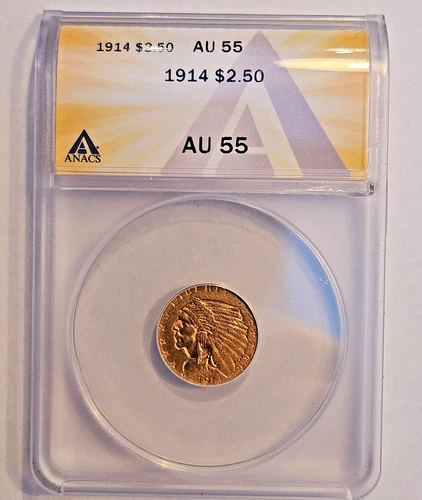 1914-P  2.5 INDIAN HEAD GOLD COIN / ANACS GRADED AS AU-55