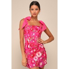 NWOT Lulus Emphatically Adorable Hot Pink Floral Tie-Strap Mini Dress S