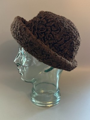 Vintage Dark Brown Curly Lamb Fur Hat Persian Lamb Style Rolled Brim Cossack