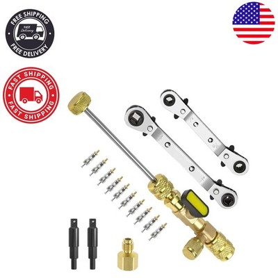 Effortless Valve Core Replacement Tool & 10pc HVAC Wrench Set, Dual SAE Ports