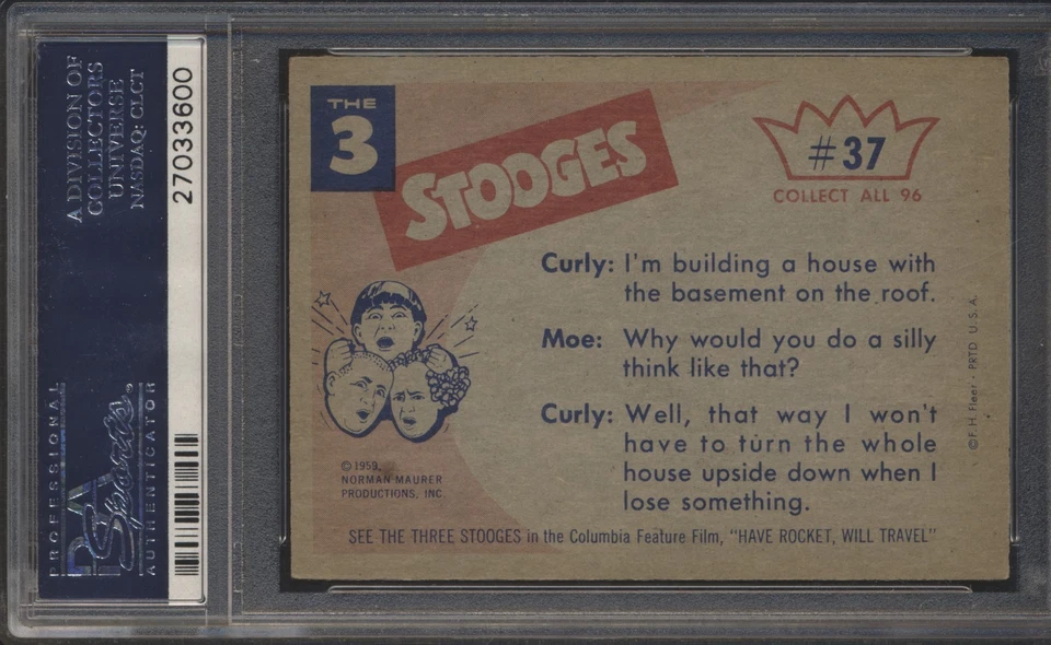 1959 FLEER THE 3 STOOGES #37 I TOLD YOU TO TURN OFF THE FAN- GB PSA 6 EX-MT - Image 2 of 2
