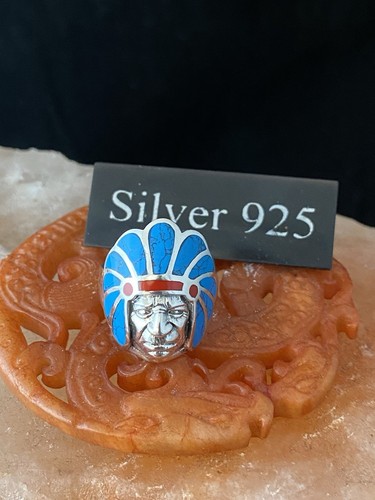 Silver Indian Chief Head Ring Blue Enamel - Picture 1 of 10