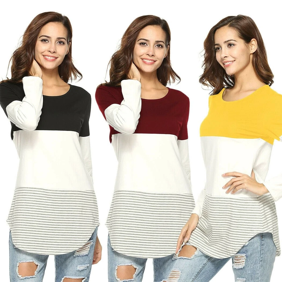 Womens Lady Casual Long Sleeve T-Shirt Top Striped Blouse Trim Round Neck NEW AU