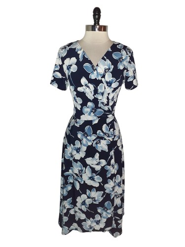 PERCEPTIONS Size L A-Line Dress Blue White Floral Short Sleeve Stretch Knit Midi