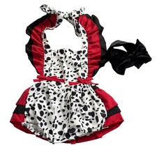 Dalmatian Halloween Costume Romper Girls 9-12M Red Black Ruffle Costume Bow Set