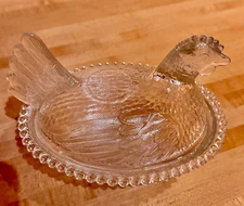 Vintage Hen on Nest Basket Small Covered Candy Dish Clear Glass Mid Century