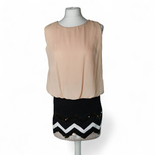 Boohoo Dress 10 black & Peach Blouson Mini with Zig Zag Sequin Skirt