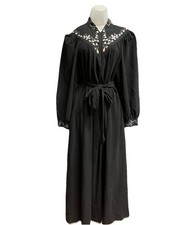 Vintage vanity fair Robe Embroidered Neck And Sleeve Black Zip Front Pockets S-M