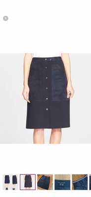 Theory Navy Slyn Midi Skirt with Fixture Ponte Knit Fabric/Lamb Leather Trim