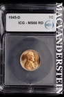 1945-D Lincoln Wheat Cent-ICG MS 66 RD Choice Gem BU No Reserve #SLL689