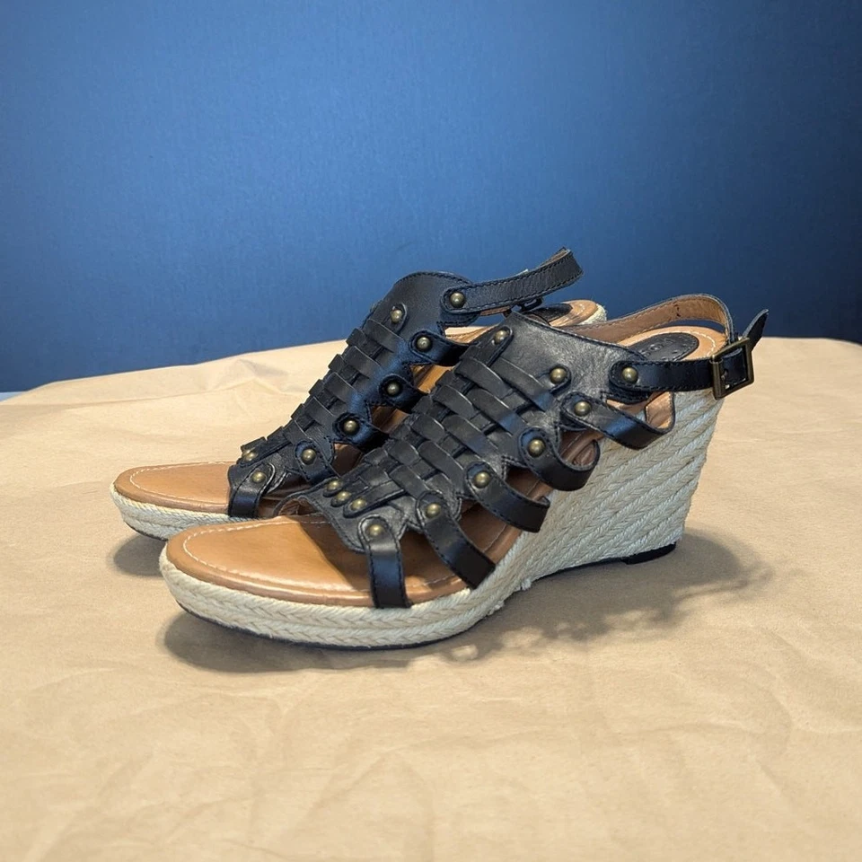 Fossil Cassidy Woven Wedge Sandals Leather Black Womens 7.5 Espadrilles Heels - Image 2 of 4