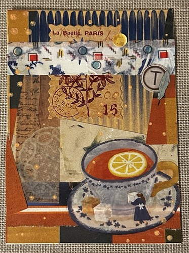 ACEO Small Folk Art Still Life French Teacup Collage Mixed Media Paper