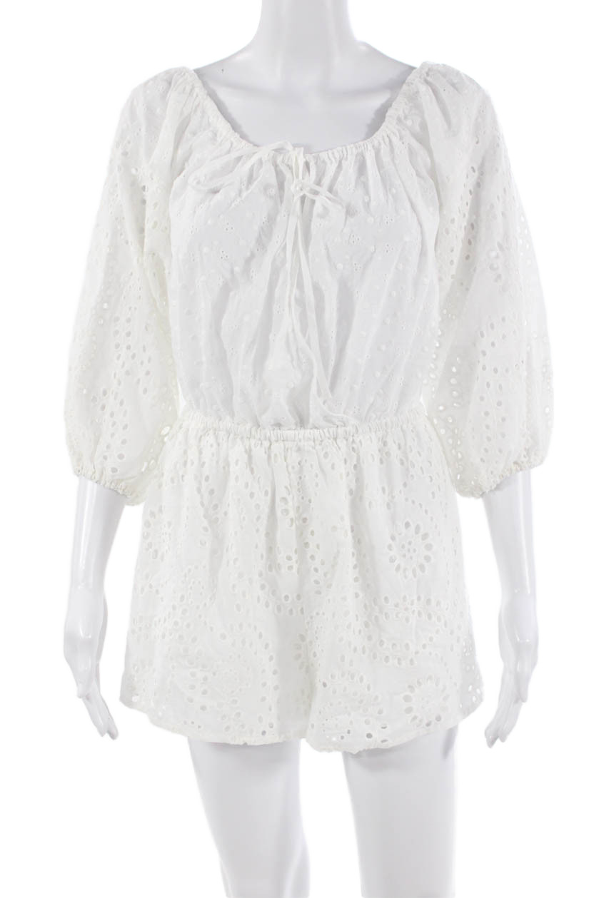 Designer Women Romper White Textured Long Sleeve Cotton Round Neck Size SFree Shipping in US $100+ Orders | $6.95 Orders Below
