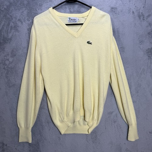 Vintage 80’s Izod Lacoste Yellow V Neck Soft Orlon Knit Grandpa Sweater Men’s L - Picture 1 of 8