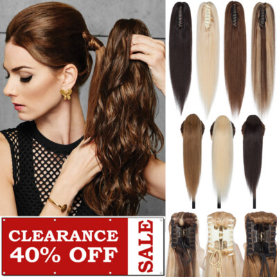 US Thick 100% Real Remy Clip In Hair Extensions Claw On Ponytail Hairpiece 18''