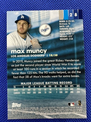 2020 #28 Max Muncy Topps Stadium Club Baseball Los Angeles Dodgers - Picture 2 of 2
