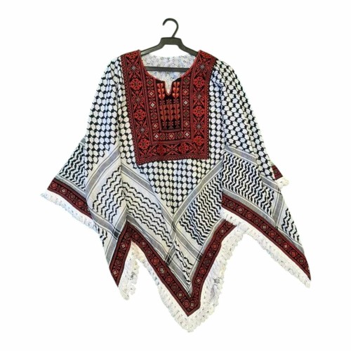 Handmade Palestinian Keffiyeh Poncho with Embroidered Tatreez