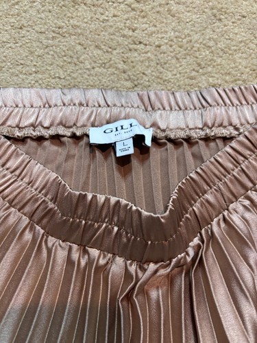 Gilli Taupe Pull-On A-Line Pleated Satin Hi Rise High Waist Midi Maxi Skirt L - Picture 4 of 6