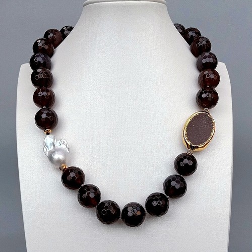 "Collar de perlas drusas conector druso gris ágata natural de 18 mm redondo gris ágata ágata 21" - Imagen 3 de 9