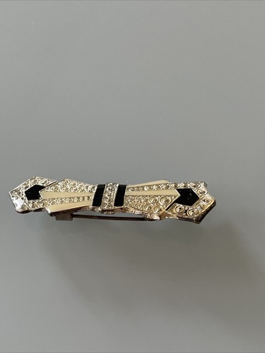 Vintage Gold Tone Bex Style Art Deco Look Ivory Black Enamel Pin Brooch 2" - Picture 5 of 8