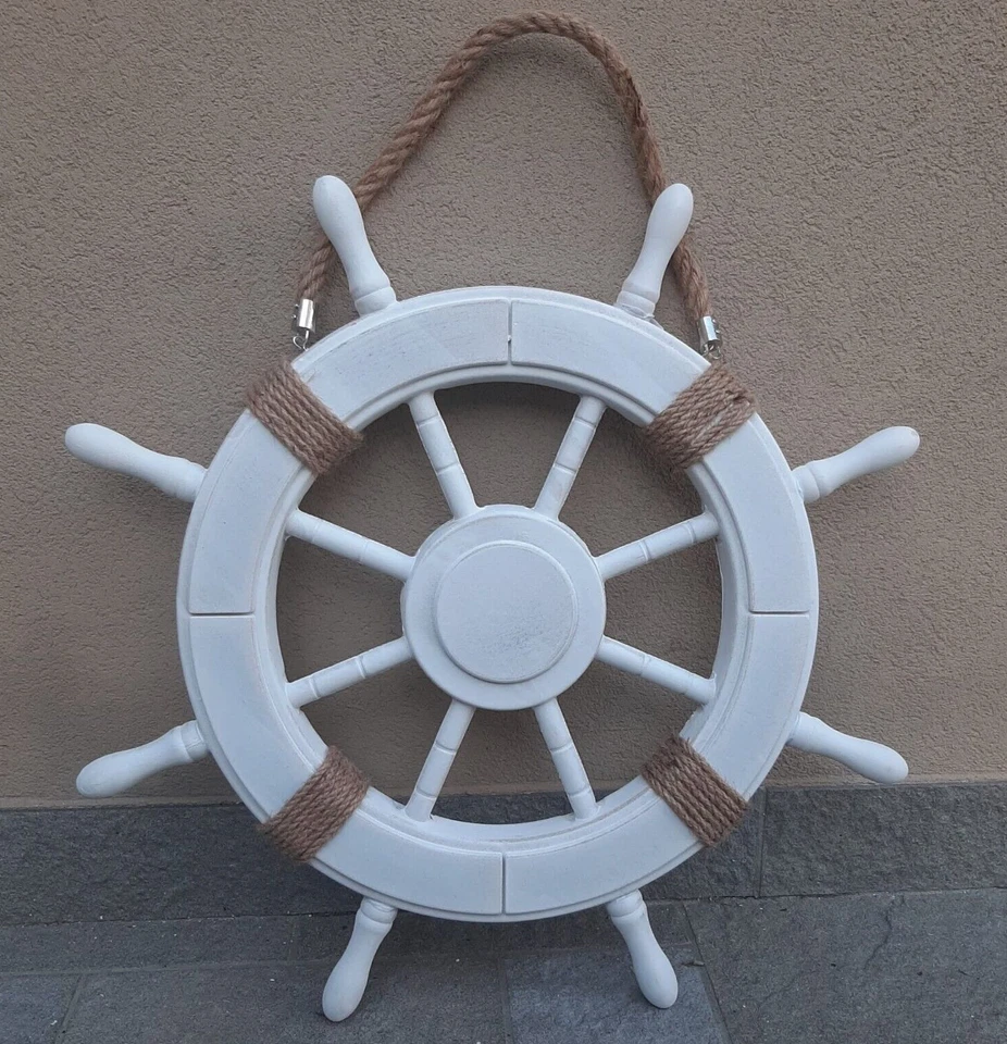 - FATTO A MANO - TIMONE LEGNO ø 62 Cm BIANCO ANTICATO ARREDO MARE CASA VETRINA NEGOZI IDEA REGALI