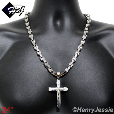 18''-40''MEN Stainless Steel 8mm Silver Interlock Chain Necklace Cross Pendant*A11