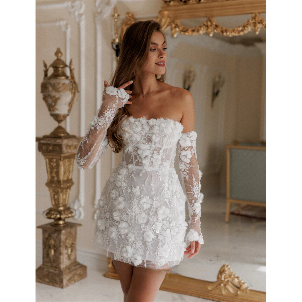 White Mini Prom Dresses Flower Lace Evening Dress Off Shoulder