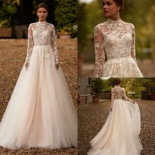 Boho A-Line Wedding Dresses High Neck Long Sleeves Lace Applique Bridal Gowns