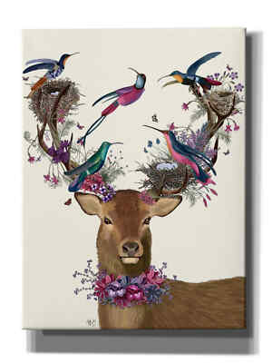 Epic Graffiti 'Deer Birdkeeper, Tropical Bird Nests' by Fab Funky Giclee Canvas 