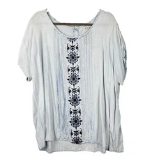 Greater Good Top Womens 2X Blue Embroidered BOHO Peaseant Pintucked Short Sleeve