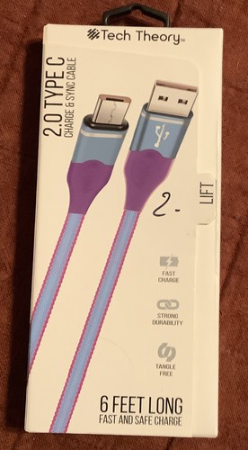 Tech Theory 6' USB-C to USB-A Flat Cable - Whimsical Blue and Purple. New in Box - 第 2/4 張圖片