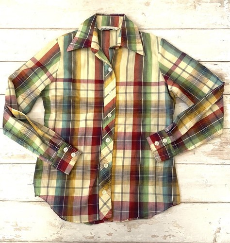 Vintage 70s Sunday Time Women’s Rainbow Plaid Button Up Shirt Long Sleeves Retro - Picture 1 of 4