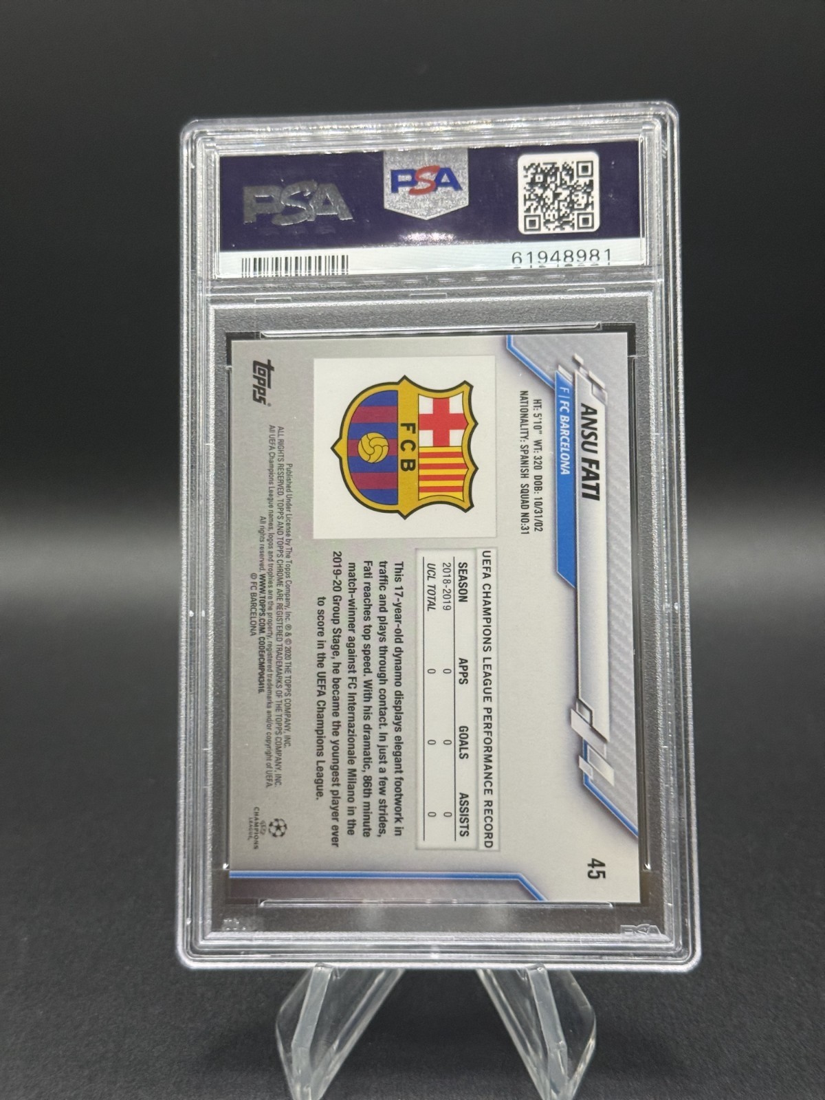 2019-20 Topps Chrome Sapphire UEFA Ansu Fati RC #45 Barcelona PSA 9 view 2