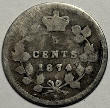 🇨🇦 1874 Canada 5 Cents Silver Coin, Queen Victoria — Circulated 🔥 