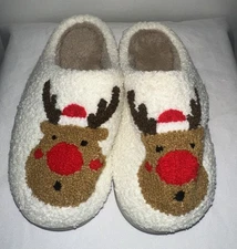 Reindeer Red Christmas Slippers Cute Comfortable Sherpa Lined Size Small 5/6 New